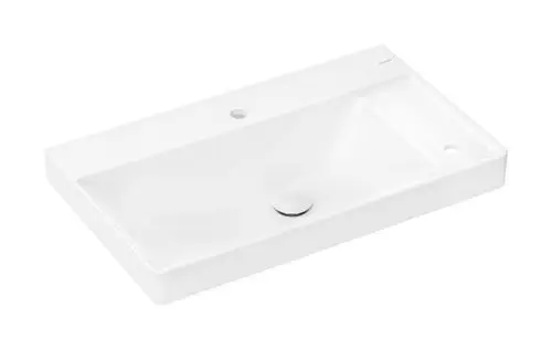 Weißer Waschtisch von Hansgrohe mit rechteckiger Ablage, zwei Hahnlöchern und ohne Überlauf. Glatte Oberfläche und einfaches Design.